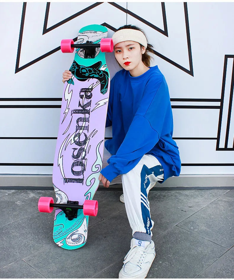 Women's Dance Longboard 110/120cm Complete Skateboard 7-Layer Maple Deck PU Wheels for Beginners Freestyle Street Dancing