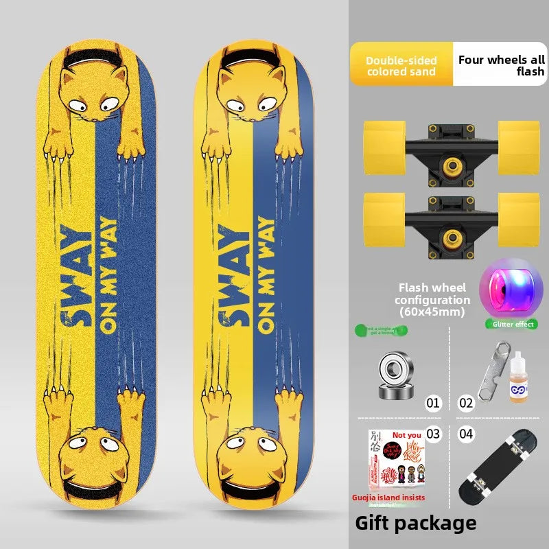 Double Kick Shock-Absorbing 4-Wheel Skateboard for Adults, Professional Street for Beginners, Scratch-Proof Durable for Tricks