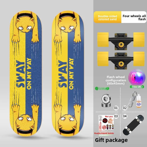 Double Kick Shock-Absorbing 4-Wheel Skateboard for Adults, Professional Street for Beginners, Scratch-Proof Durable for Tricks