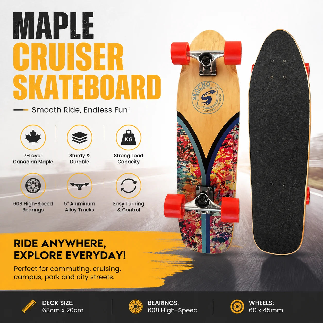 MapleWood Big Fish Land Surfskate Single Kick Surf Skateboard Large PU Wheels Land Surf Board for Beginners Daily Commute Street
