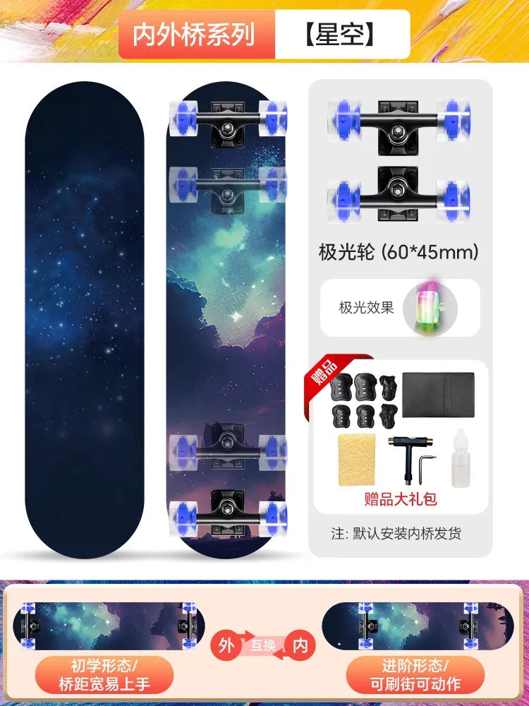 Double Kick Skateboard 5 Inch Aluminum Magnesium Alloy Bracket Maple Skateboard For Beginner Adult Street Cruising Skateboard