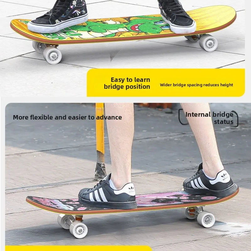 Double Kick Shock-Absorbing 4-Wheel Skateboard for Adults, Professional Street for Beginners, Scratch-Proof Durable for Tricks