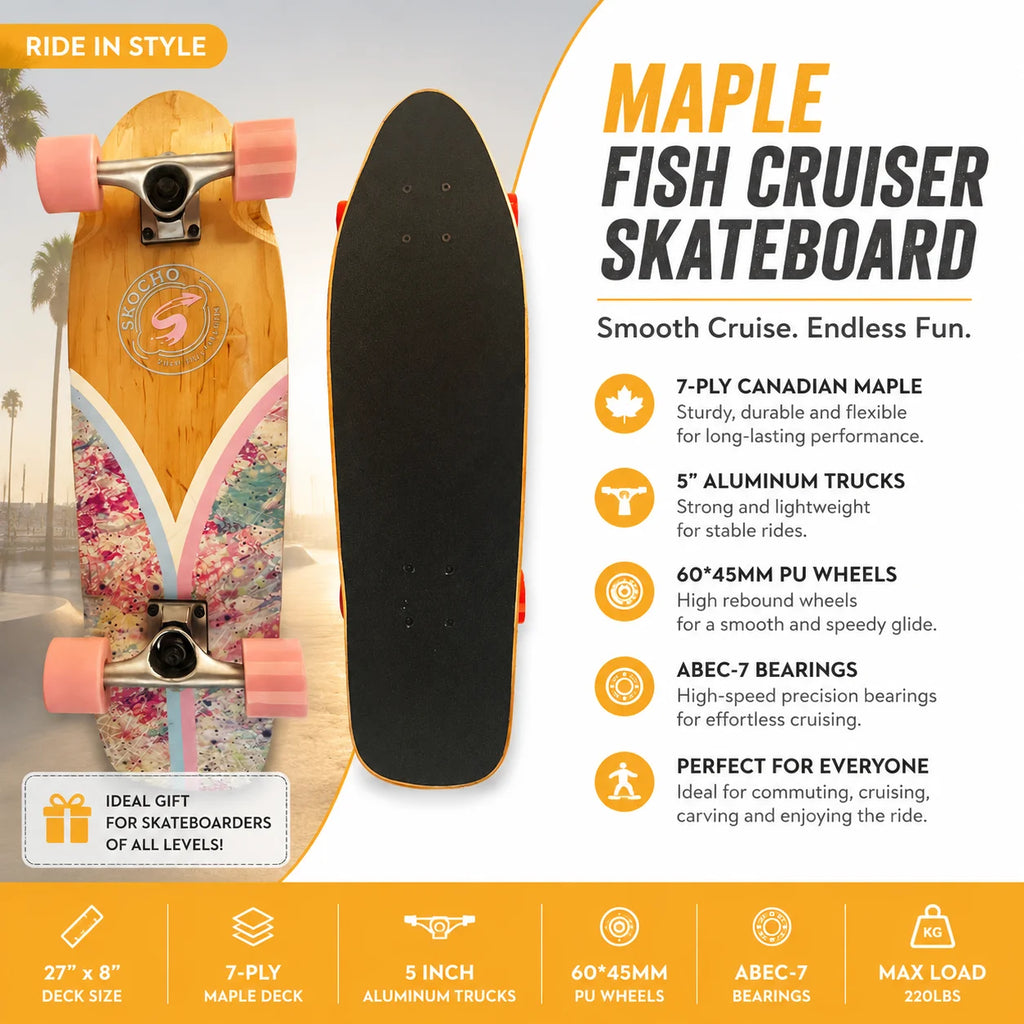MapleWood Big Fish Land Surfskate Single Kick Surf Skateboard Large PU Wheels Land Surf Board for Beginners Daily Commute Street