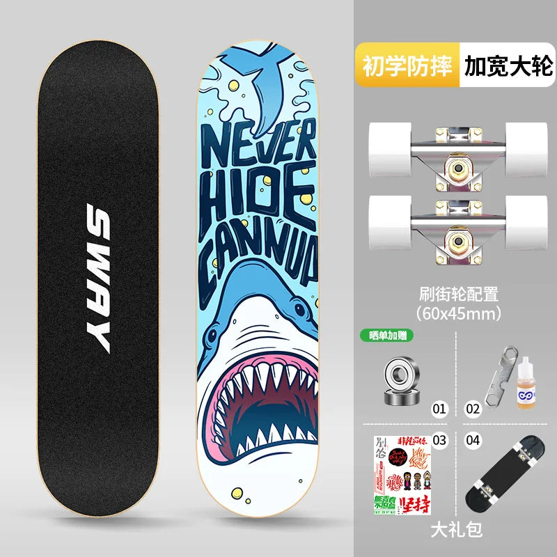 Double Kick Shock-Absorbing 4-Wheel Skateboard for Adults, Professional Street for Beginners, Scratch-Proof Durable for Tricks