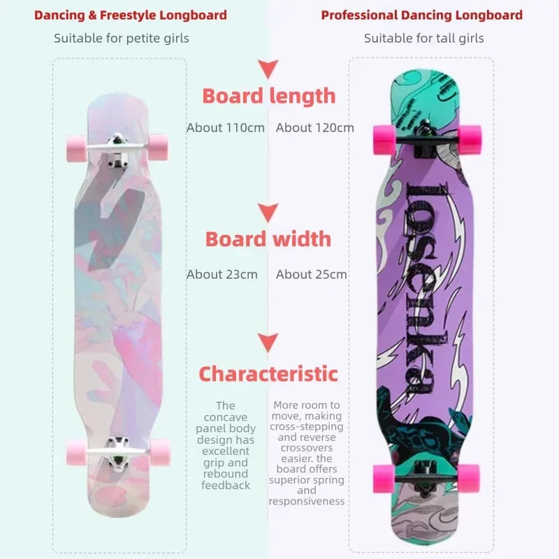 Women's Dance Longboard 110/120cm Complete Skateboard 7-Layer Maple Deck PU Wheels for Beginners Freestyle Street Dancing