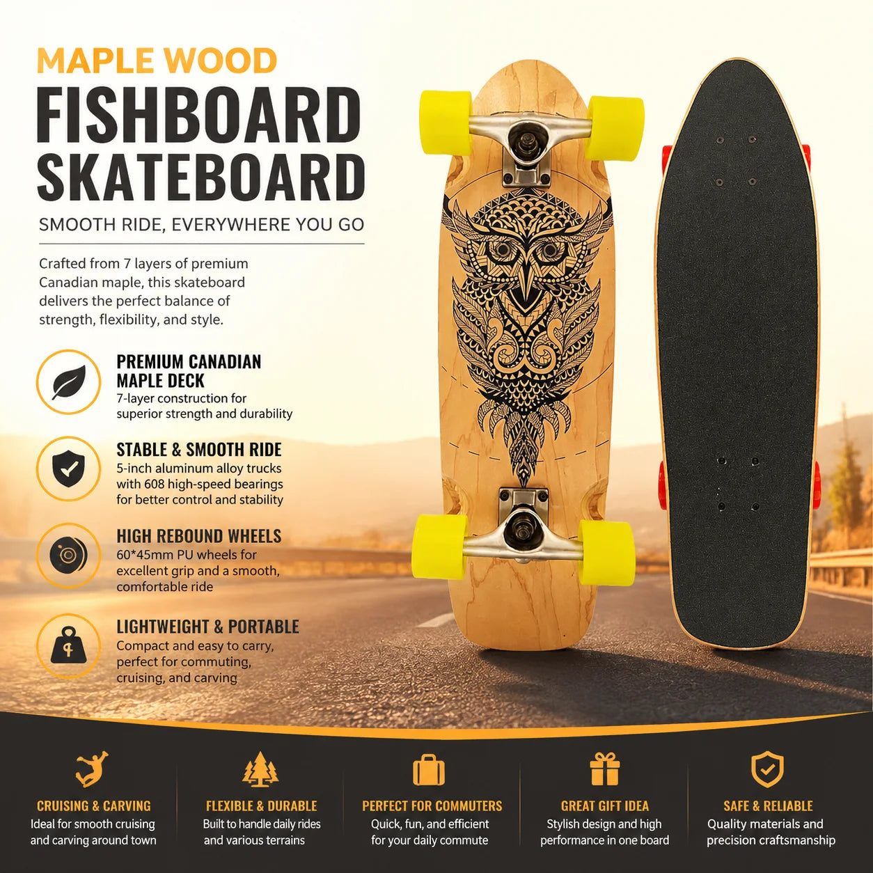 MapleWood Big Fish Land Surfskate Single Kick Surf Skateboard Large PU Wheels Land Surf Board for Beginners Daily Commute Street