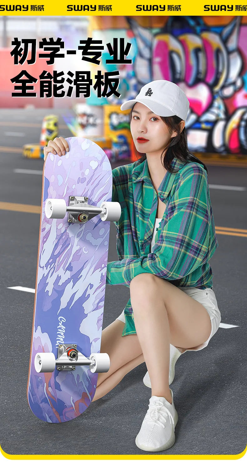Double Kick Shock-Absorbing 4-Wheel Skateboard for Adults, Professional Street for Beginners, Scratch-Proof Durable for Tricks