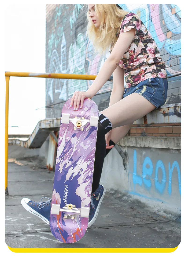 Double Kick Shock-Absorbing 4-Wheel Skateboard for Adults, Professional Street for Beginners, Scratch-Proof Durable for Tricks