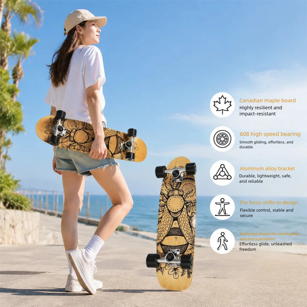 MapleWood Big Fish Land Surfskate Single Kick Surf Skateboard Large PU Wheels Land Surf Board for Beginners Daily Commute Street