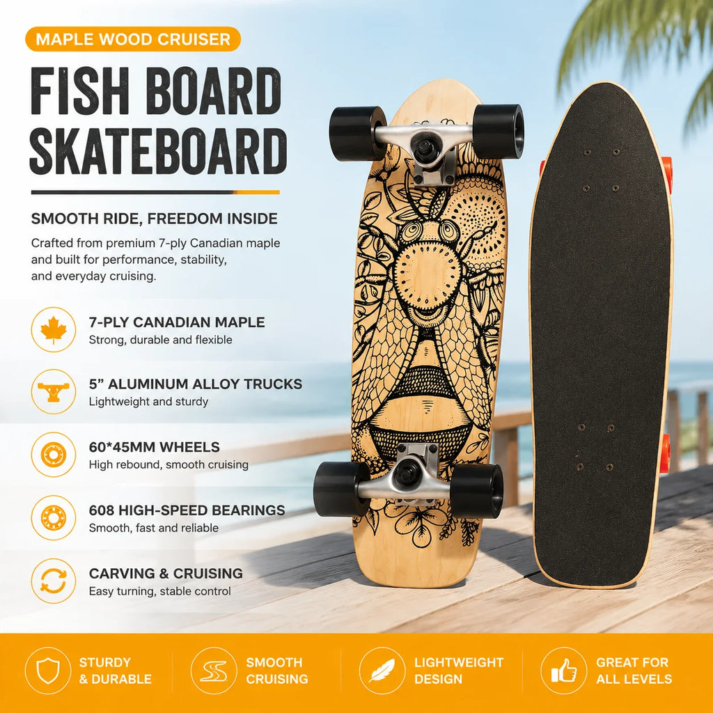 MapleWood Big Fish Land Surfskate Single Kick Surf Skateboard Large PU Wheels Land Surf Board for Beginners Daily Commute Street
