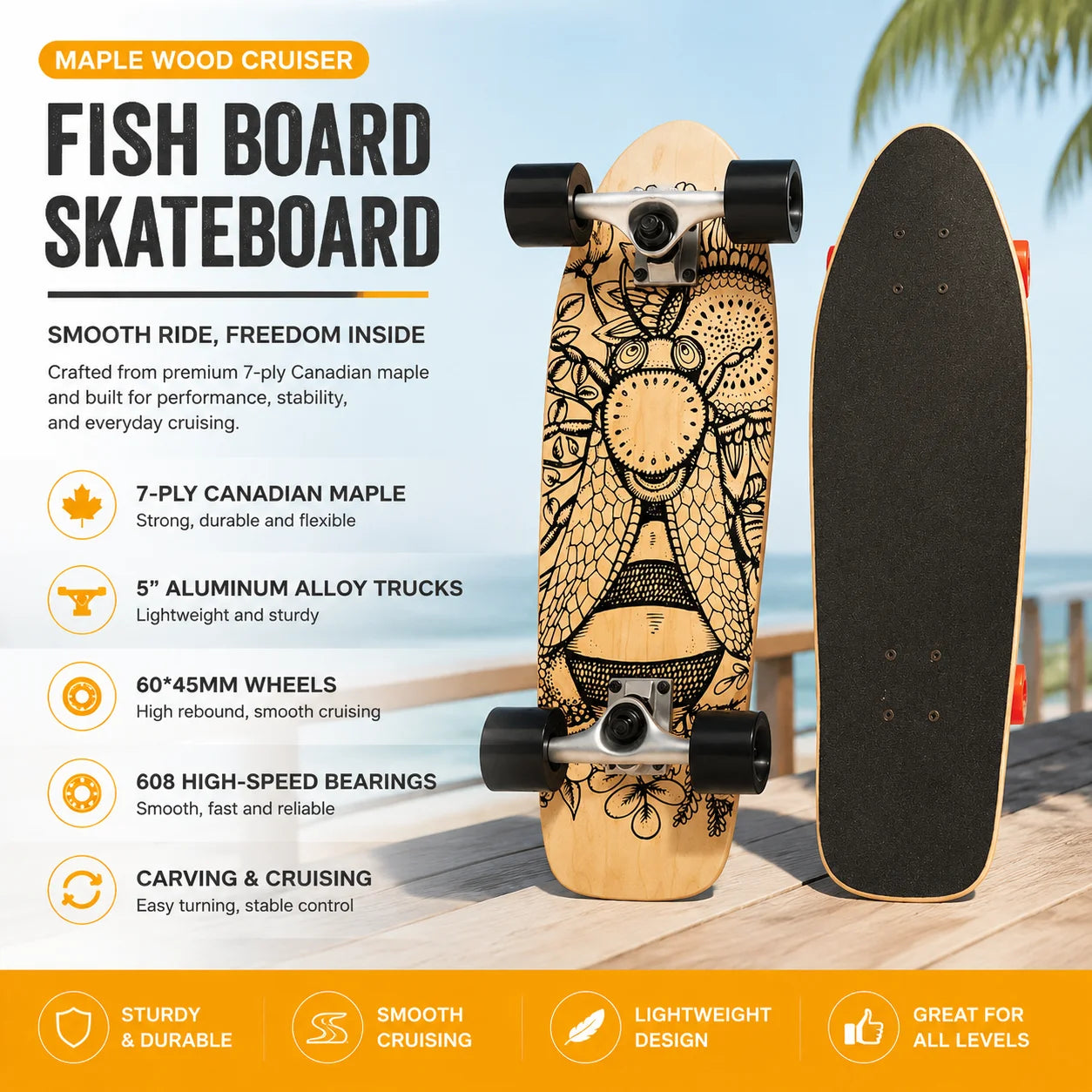 MapleWood Big Fish Land Surfskate Single Kick Surf Skateboard Large PU Wheels Land Surf Board for Beginners Daily Commute Street