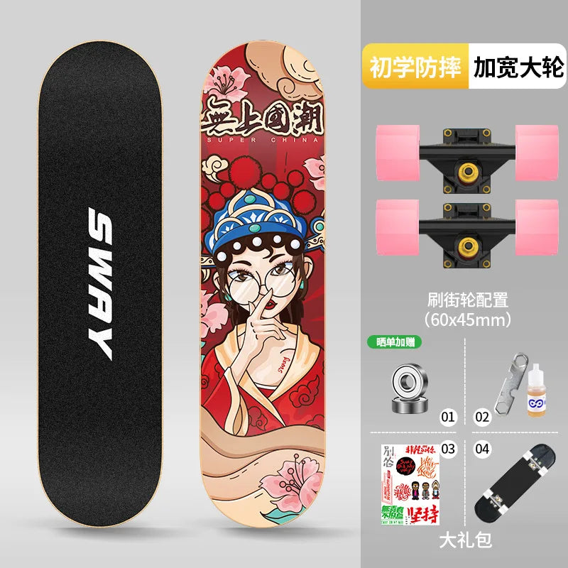 Double Kick Shock-Absorbing 4-Wheel Skateboard for Adults, Professional Street for Beginners, Scratch-Proof Durable for Tricks