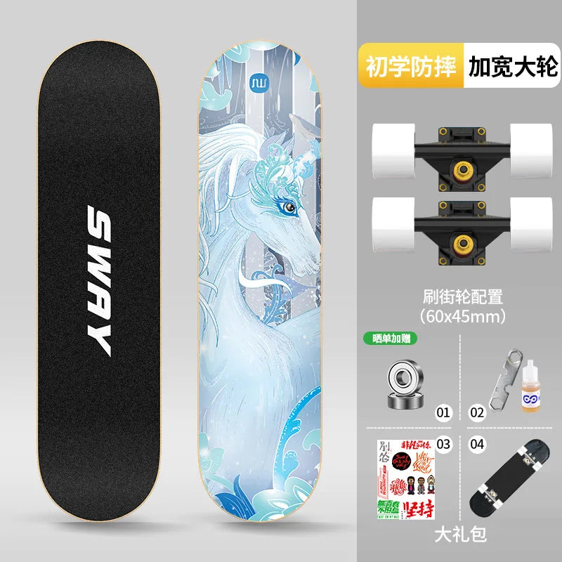 Double Kick Shock-Absorbing 4-Wheel Skateboard for Adults, Professional Street for Beginners, Scratch-Proof Durable for Tricks