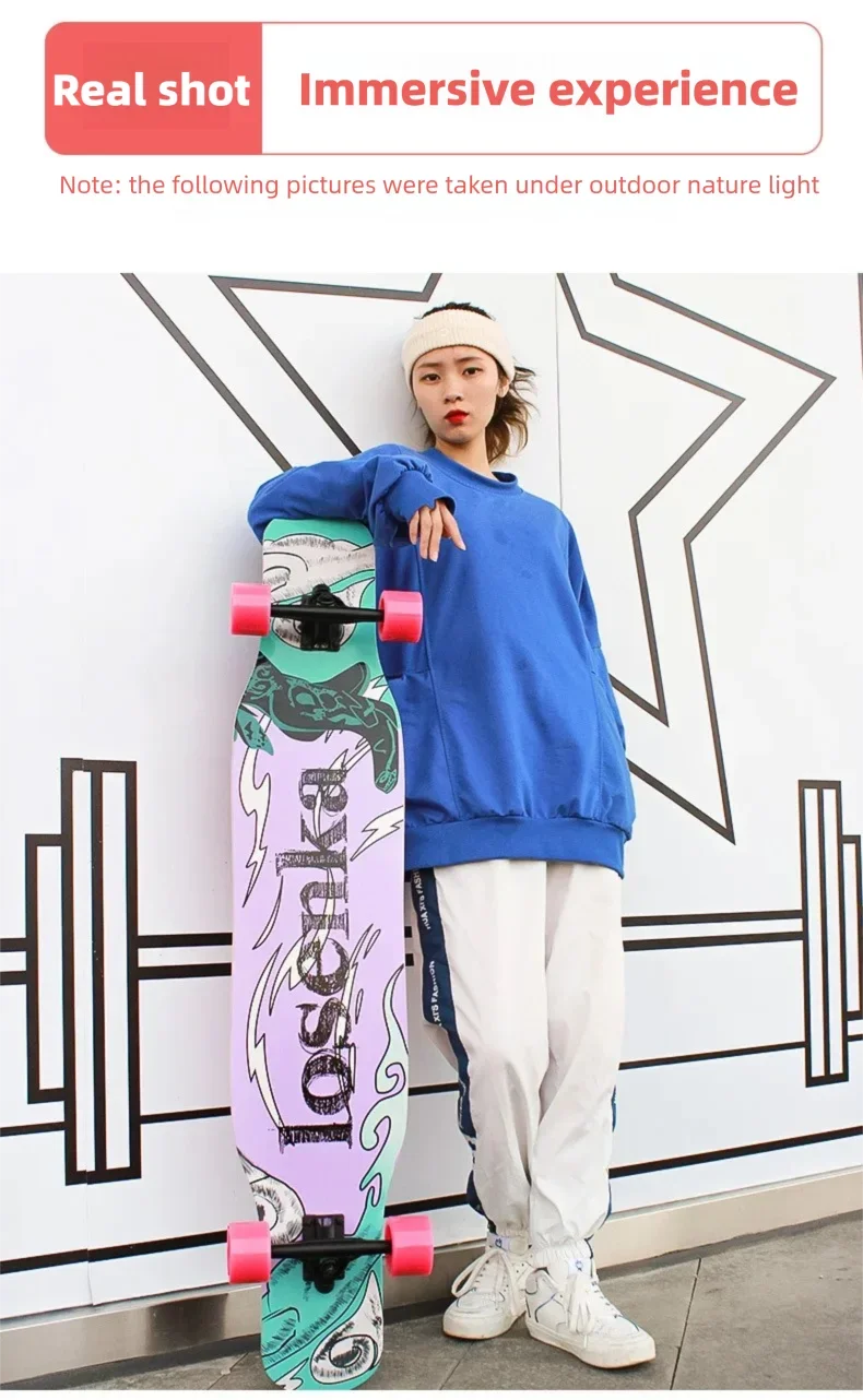 Women's Dance Longboard 110/120cm Complete Skateboard 7-Layer Maple Deck PU Wheels for Beginners Freestyle Street Dancing