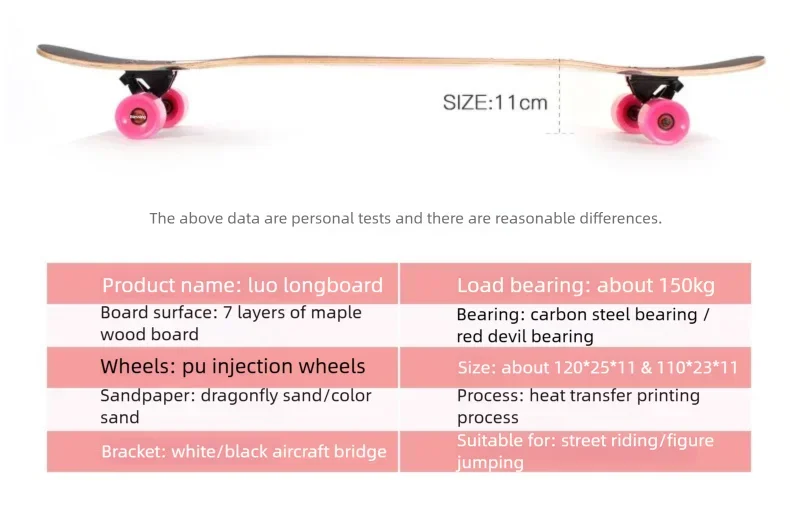 Women's Dance Longboard 110/120cm Complete Skateboard 7-Layer Maple Deck PU Wheels for Beginners Freestyle Street Dancing