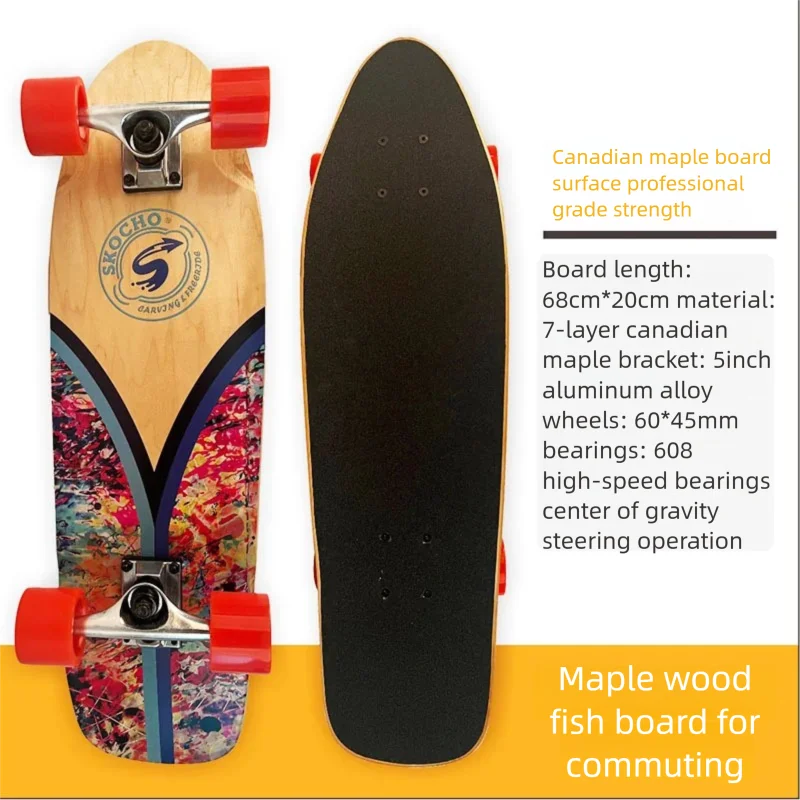 MapleWood Big Fish Land Surfskate Single Kick Surf Skateboard Large PU Wheels Land Surf Board for Beginners Daily Commute Street