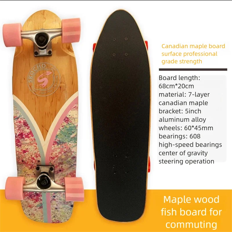 MapleWood Big Fish Land Surfskate Single Kick Surf Skateboard Large PU Wheels Land Surf Board for Beginners Daily Commute Street