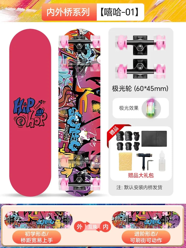 Double Kick Skateboard 5 Inch Aluminum Magnesium Alloy Bracket Maple Skateboard For Beginner Adult Street Cruising Skateboard