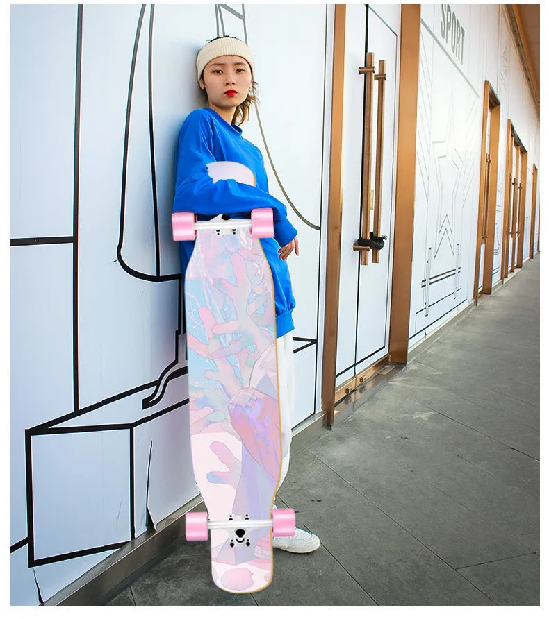 Women's Dance Longboard 110/120cm Complete Skateboard 7-Layer Maple Deck PU Wheels for Beginners Freestyle Street Dancing