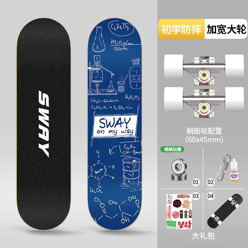 Double Kick Shock-Absorbing 4-Wheel Skateboard for Adults, Professional Street for Beginners, Scratch-Proof Durable for Tricks